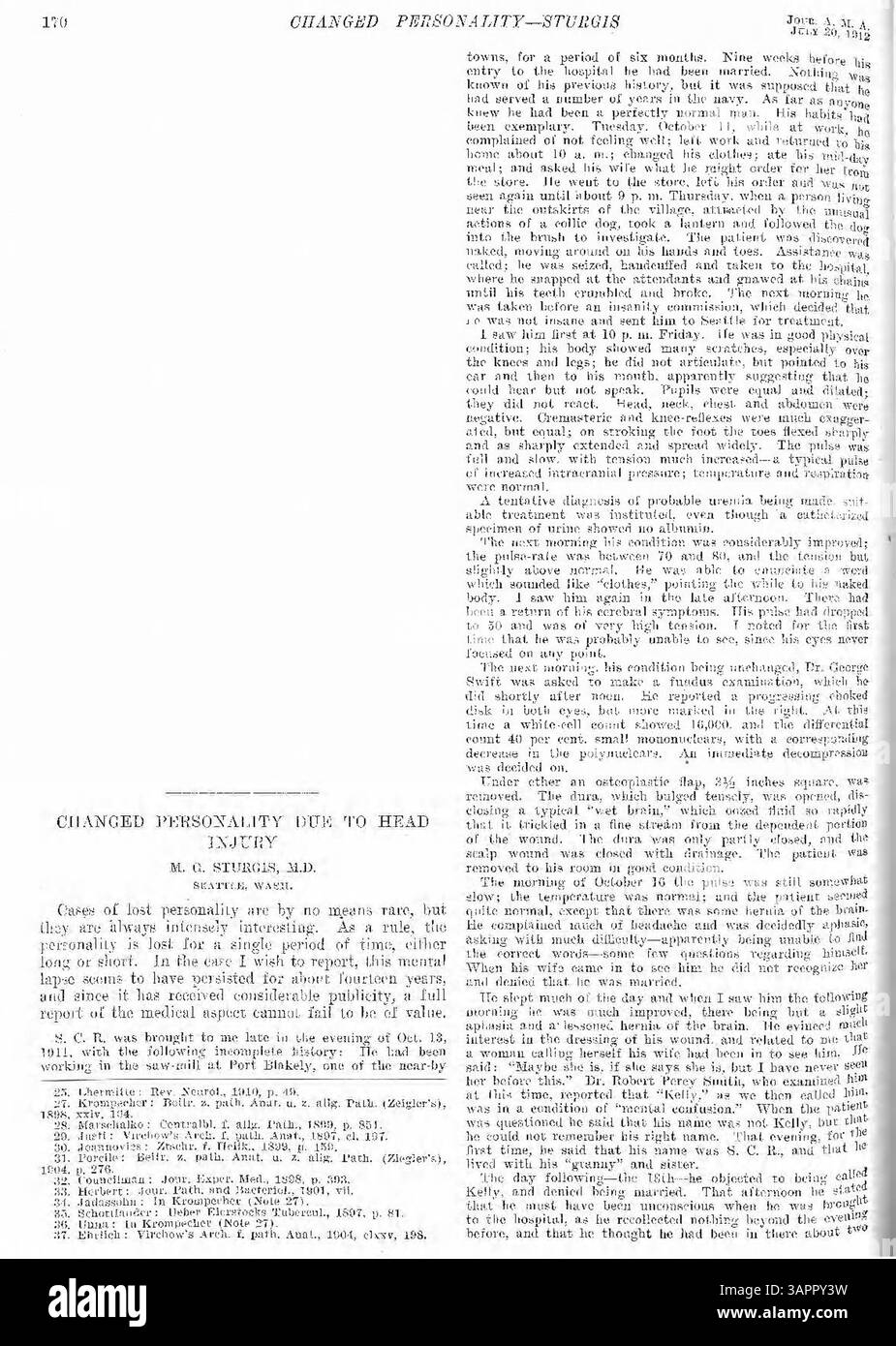 Questo case study medico documenta un maschio adulto che ha subito amnesia e un cambiamento di personalità dopo una lesione alla testa. Il paziente ha anche mostrato cambiamenti nella nostalgia e nella perdita di memoria, riprendendo dopo dieci settimane di osservazione. Foto Stock