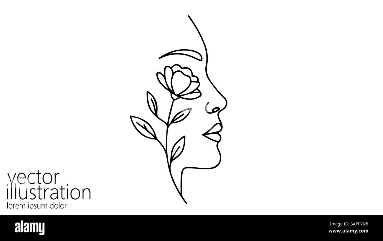 Line art profilo donna con fiore. Elementi botanici che accentuano la bellezza naturale. Ideale per il branding di cosmetici o per il design di spa. Disegno minimalista Illustrazione Vettoriale
