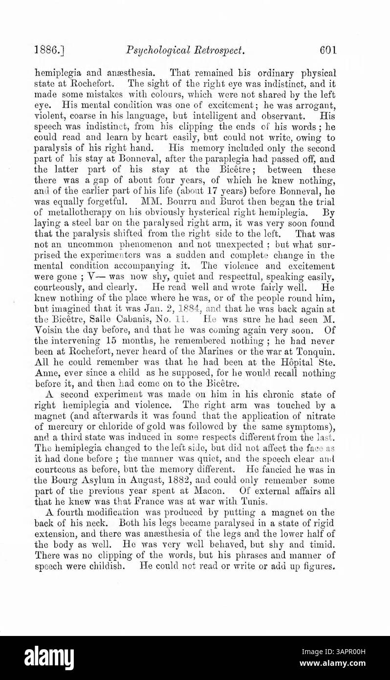 Il Dr. Myers esamina il caso di Luigi V di disturbo di personalità multipla, una condizione in cui sei personalità distinte emersero dopo una paura di viper. Alcune personalità mostravano gentilezza, mentre altre si impegnavano in ladri e maltrattamenti. Inoltre, alcune personalità soffrivano di paralisi o epilessia. È incluso un grafico che illustra le differenze tra le personalità. Il caso di Luigi V è paragonato a quello di Felida X. Foto Stock
