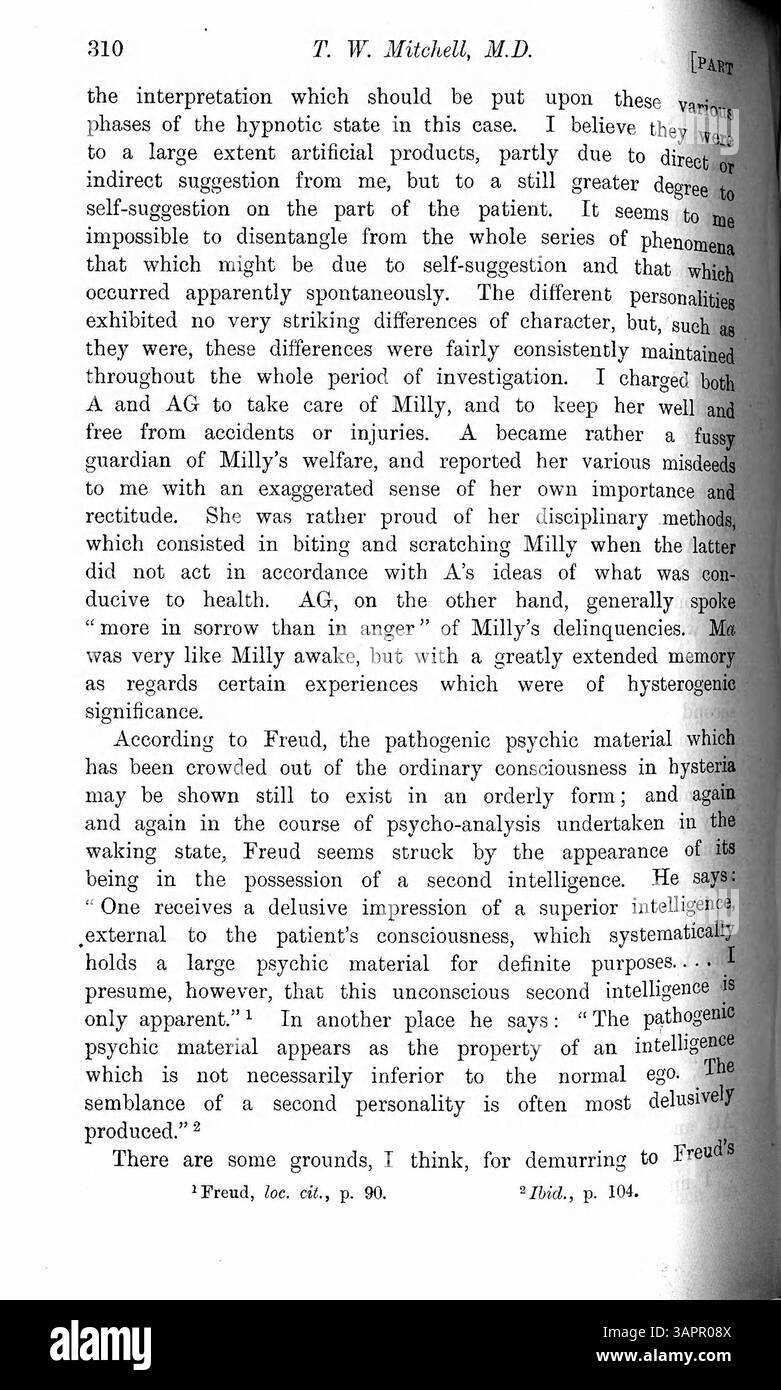 Questo rapporto descrive un caso di studio di isteria e disturbo di personalità multipla, in cui una giovane donna ha sperimentato sintomi insoliti. Attraverso l'ipnosi, il dottor Walker scoprì due personalità aggiuntive, e nonostante il trattamento, tutte le personalità rimasero accessibili. Foto Stock