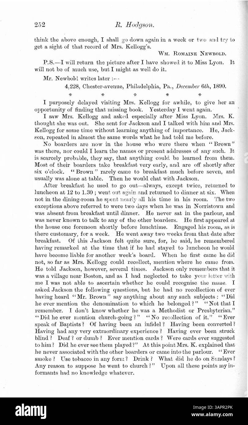 Ansel Bourne, un predicatore di 61 anni, ha sperimentato la doppia coscienza nel 1887, formando un'identità secondaria, A.J. Brown, a causa della perdita di memoria post-epilettica. L'articolo include resoconti di prima mano della sua disfunzione cognitiva e dei cambiamenti comportamentali, con riferimenti al trauma e alla depressione infantile. Le convulsioni sono menzionate come causa e l'ipnosi è suggerita come possibile cura. Foto Stock