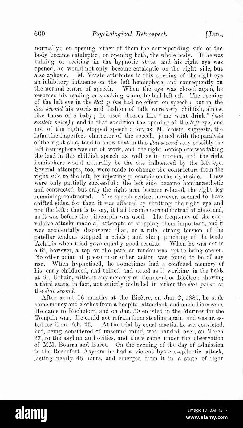 Il dottor Myers discute il caso di Luigi V, che ha sviluppato personalità multiple dopo un evento traumatico. La seconda personalità di Luigi V emerse dopo una paura di viper, e alla fine aveva sei personalità distinte. Alcuni erano gentili, mentre altri ricorrevano a furti e maltrattamenti. Alcune personalità mostravano anche paralisi o epilessia. Il dottor Myers confronta questo caso con Felida X e include un grafico che evidenzia le differenze tra le personalità. Foto Stock