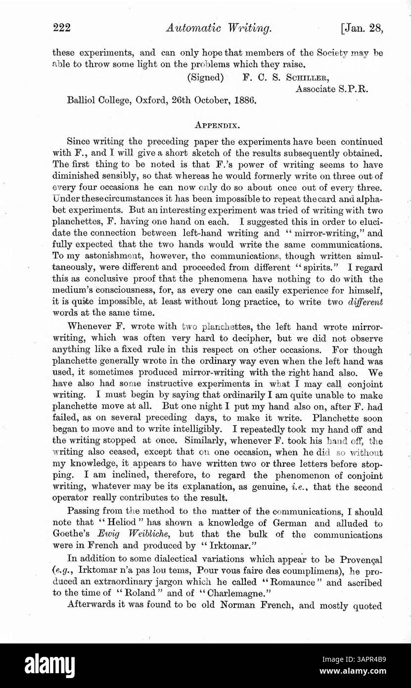 In questa recensione, il Dr. Myers analizza casi di personalità alterate innescate da vari fattori, tra cui sogni, uso di droghe, disturbi fisici, epilessia, e ipnotismo. Egli esplora il ruolo della scrittura automatica nella comprensione del sé cosciente e inconscio. Foto Stock