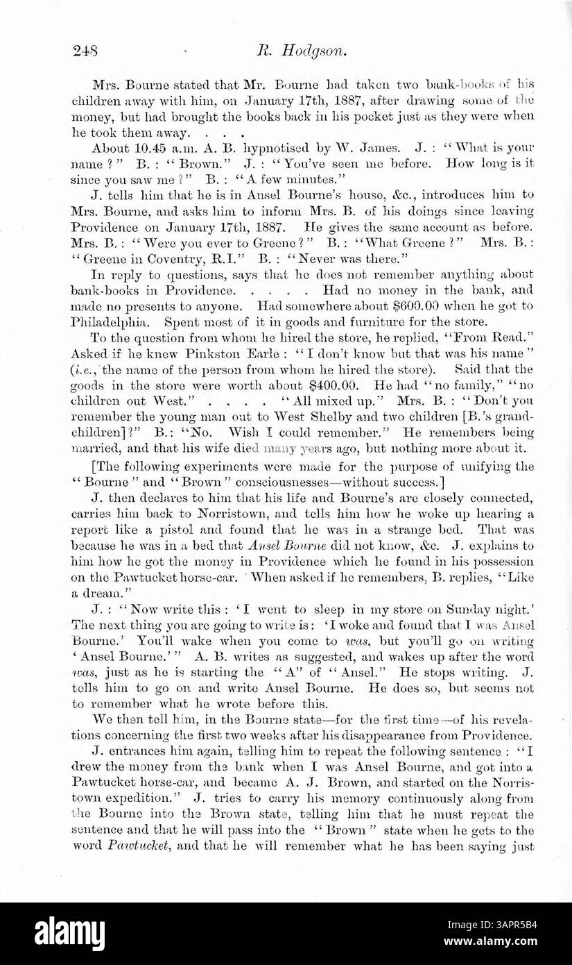 Questo articolo racconta il caso di Ansel Bourne, un predicatore che ha sperimentato un'identità secondaria, A.J. Brown, a causa della perdita di memoria post-epilettica nel 1887. La sua condizione, descritta attraverso resoconti personali, include disfunzioni cognitive e collegamenti con il trauma infantile e la depressione. Le convulsioni sono menzionate come causa potenziale, con ipnosi proposta come trattamento. Foto Stock