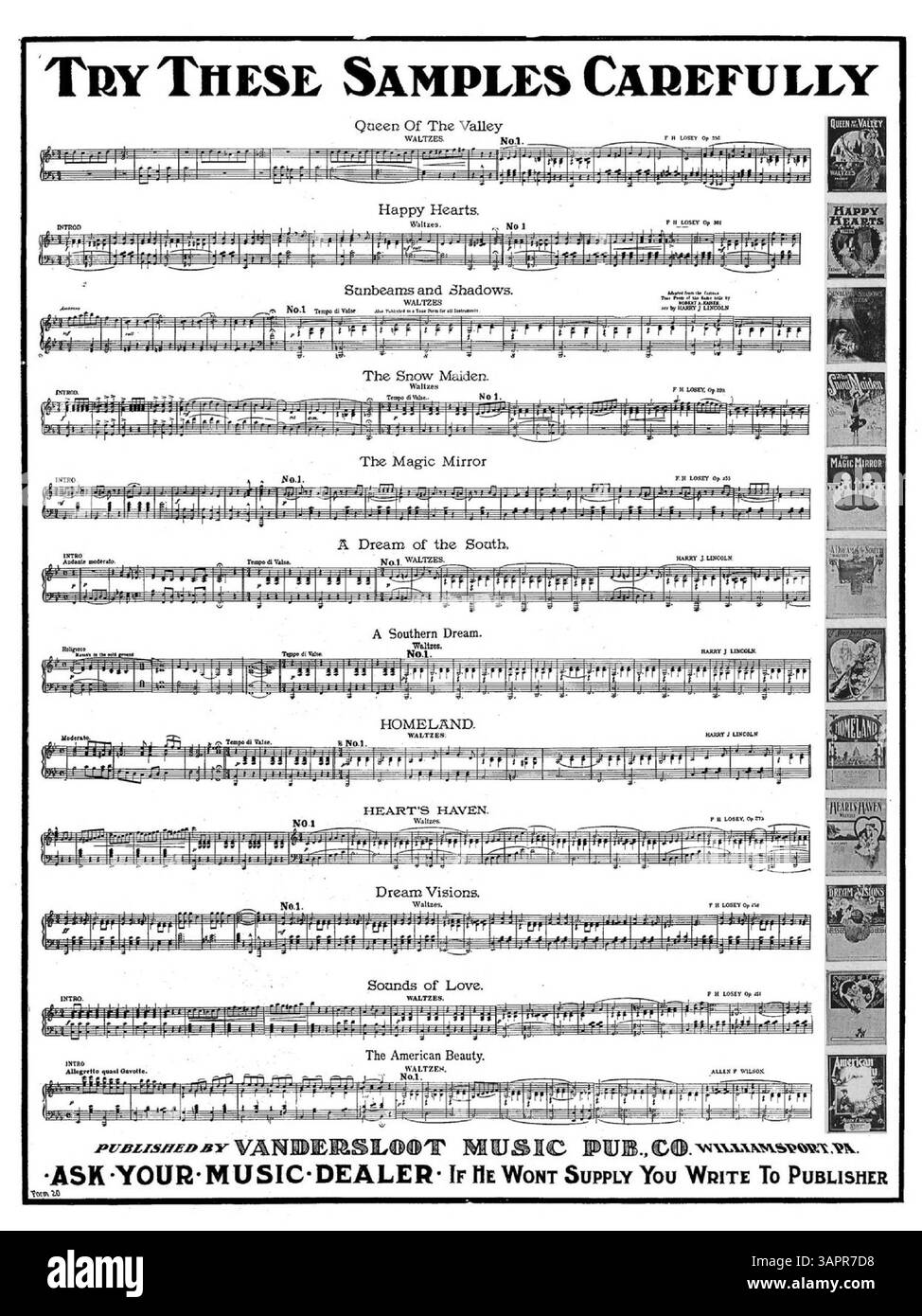 Gli spartiti di "Maryland" includono annunci testuali in fondo a ogni pagina per vari foglietti di Vandersloot. Il retro di copertina presenta una pubblicità a tutta pagina con brani musicali tratti da canzoni pubblicate da Vandersloot Music Pub. Co Foto Stock