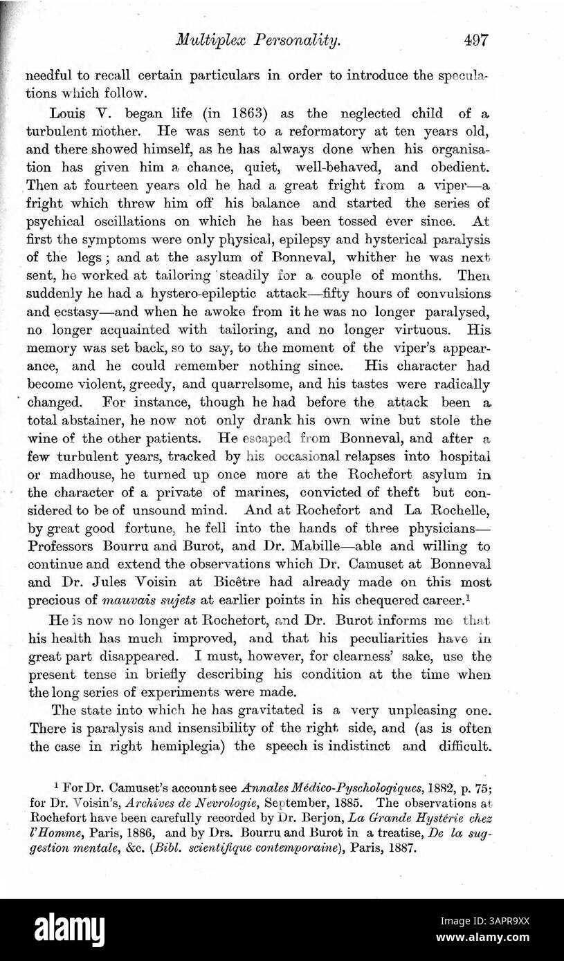 "Multiplex Personality" di Dr. Myers copre due casi: Louis V., che ha sperimentato epilessia, isteria e paralisi a seguito di uno spavento da parte di una vipera, e Felidia X., che aveva una seconda personalità. Entrambi i casi sono esaminati attraverso la lente della morale contro la biologia. Foto Stock