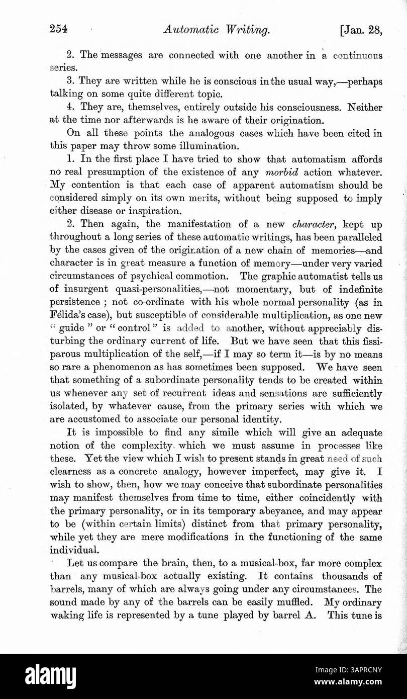 Il dottor Myers esamina casi che coinvolgono personalità alterate causate da sogni, uso di droghe, disturbi fisici, epilessia e ipnotismo. Si concentra sulla scrittura automatica e sulle differenze tra il sé cosciente e inconscio. Foto Stock