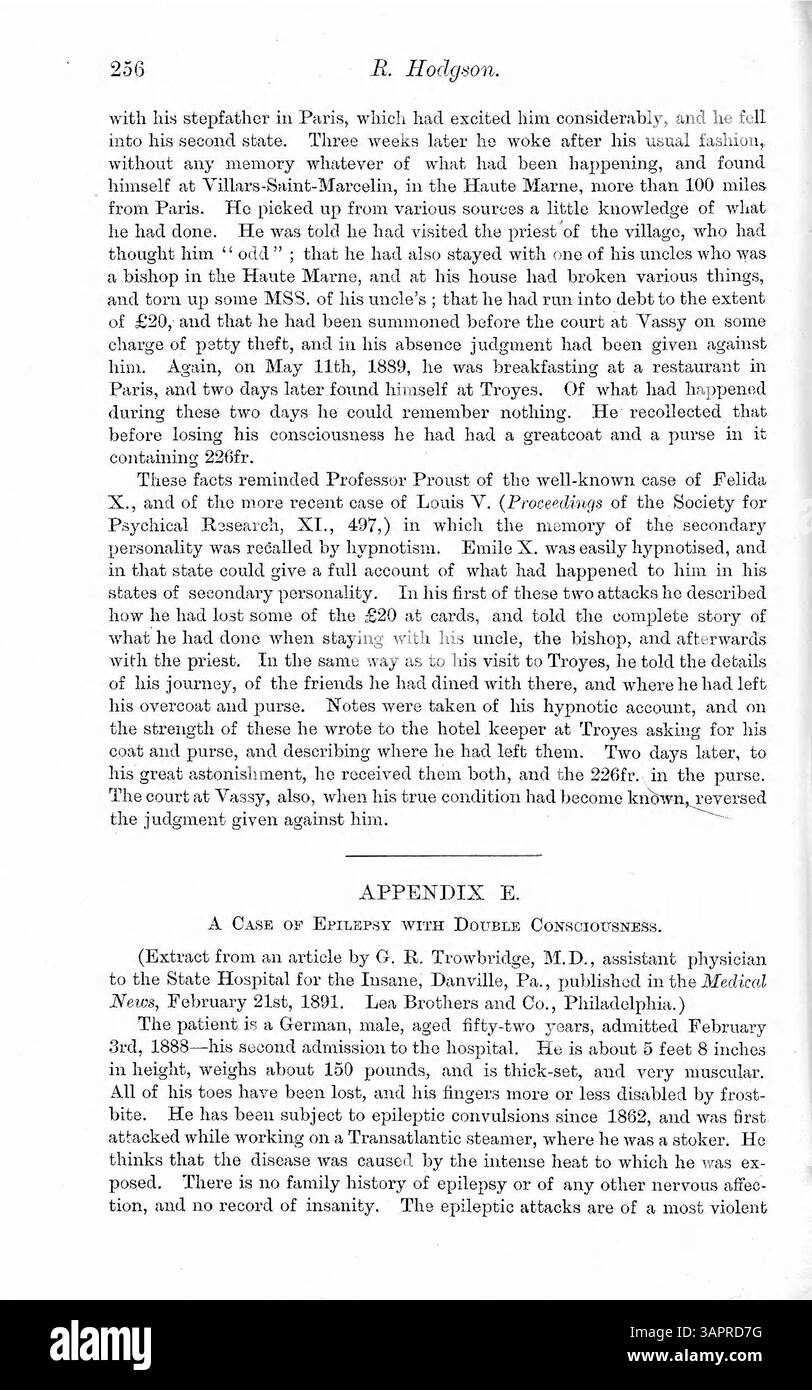 Questo articolo esamina il caso del 1887 di Ansel Bourne, un predicatore che ha sperimentato una "doppia coscienza" a causa di una perdita parziale di memoria post-epilettica. La formazione di un'identità secondaria, A.J. Brown, è discussa insieme ai resoconti di prima mano delle condizioni, del comportamento e del possibile trauma infantile di Bourne. Foto Stock