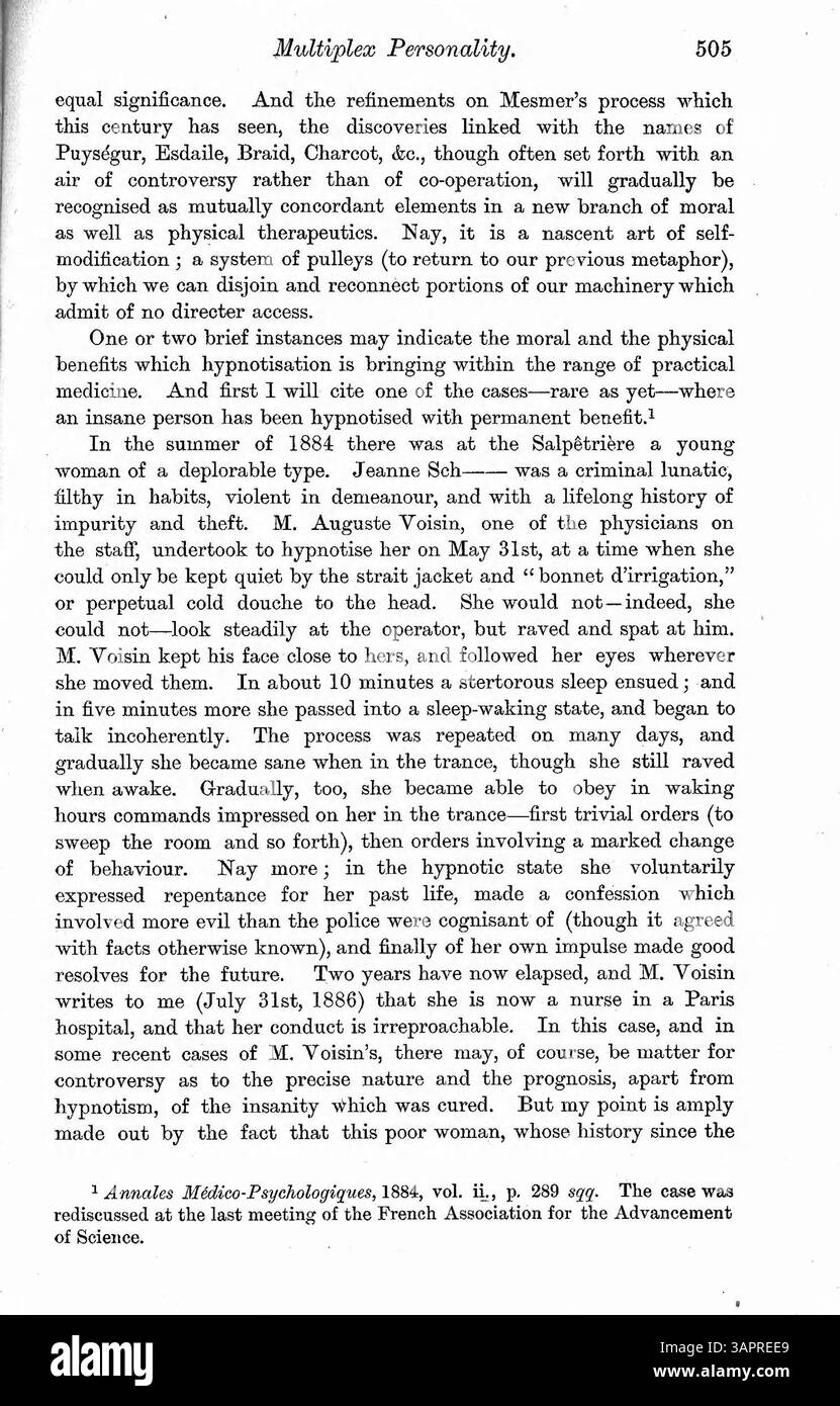 In questo caso di studio del Dr. Myers, vengono analizzate le condizioni di Louis V. e Felidia X. Louis soffriva di una doppia personalità dopo un'esperienza traumatica, e Felidia manifestò una seconda personalità sotto ipnosi. L'analisi mette a confronto cause biologiche e morali. Foto Stock