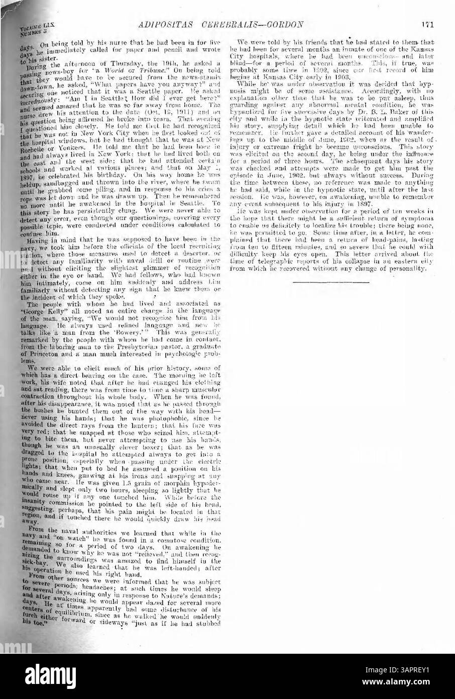 Questo caso riguarda un paziente di sesso maschile che ha subito un drastico cambiamento di personalità dopo una lesione alla testa. La lesione ha portato ad amnesia, perdita di ricordi personali negli ultimi quattordici anni, e un cambiamento nella mentalità. Il paziente ha subito un intervento chirurgico al cervello e non ha mostrato sintomi dopo dieci settimane di osservazione, anche se ha riportato un altro episodio di incoscienza dopo essere stato rilasciato. Foto Stock