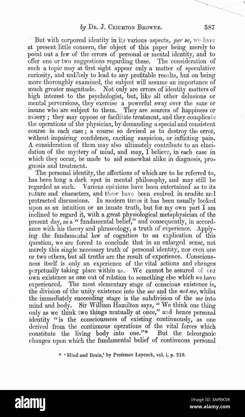 Il lavoro del Dr. Browne analizza l'identità personale, compresi gli errori che si verificano sia negli stati di veglia che in quelli di sogno, e il fenomeno della doppia coscienza, che egli considera come un errore di identità che richiede ulteriori studi e comprensione. Foto Stock