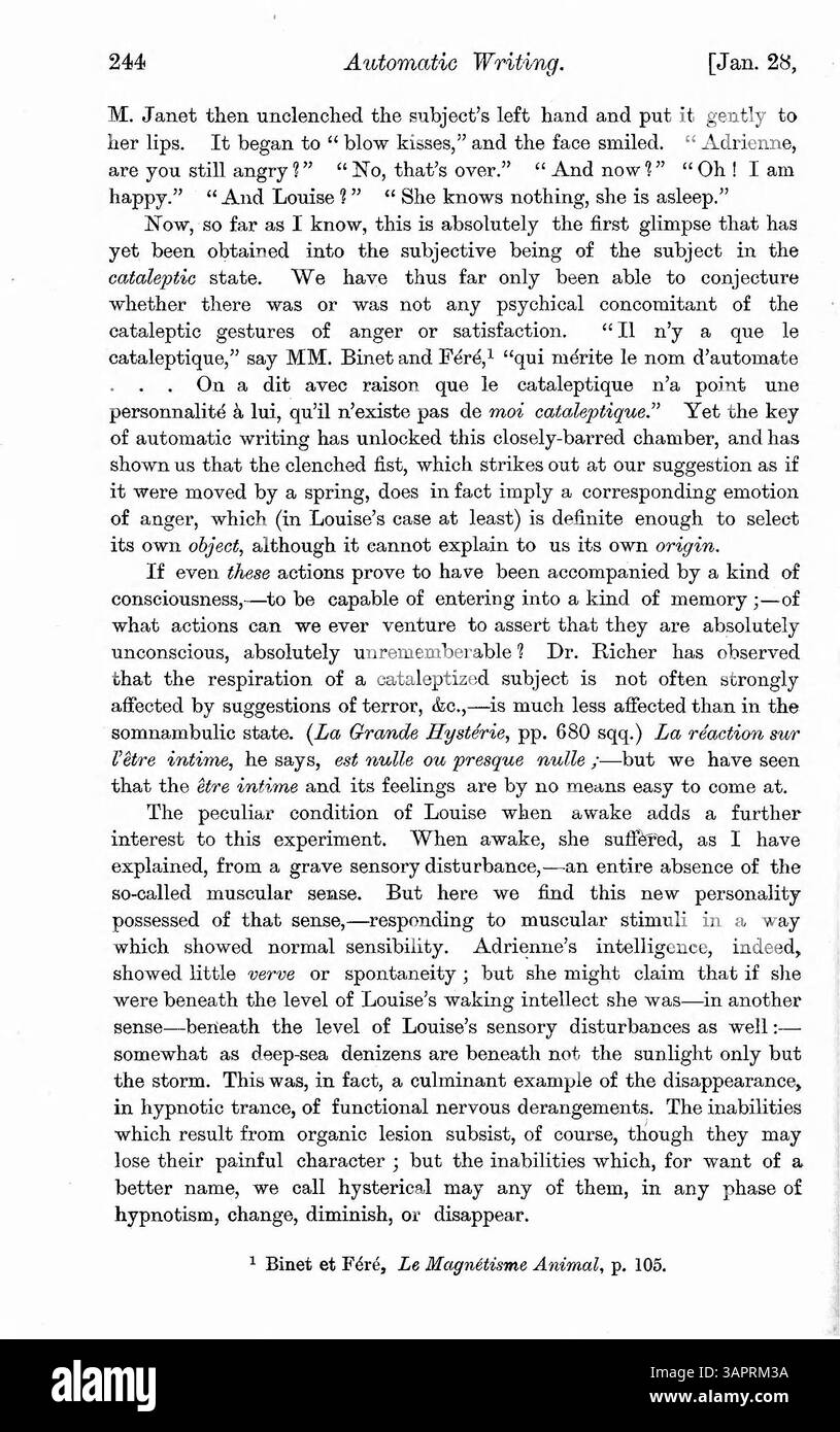 Dr. Myers esamina casi che coinvolgono personalità alterate causate da sogni, uso di droghe, disturbi fisici, epilessia e ipnotismo. La discussione si concentra sulla scrittura automatica come uno dei fenomeni osservati, e sulle distinzioni tra stati coscienti e incoscienti. Foto Stock