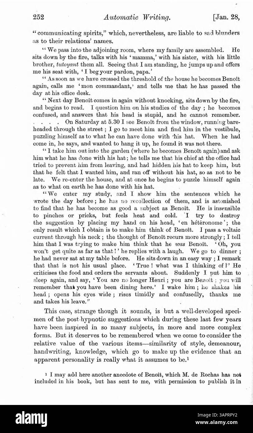 Dr. Myers esamina casi che coinvolgono personalità alterate causate da sogni, uso di droghe, disturbi fisici, epilessia e ipnotismo. La discussione si concentra sulla scrittura automatica come uno dei fenomeni osservati, e sulle distinzioni tra stati coscienti e incoscienti. Foto Stock