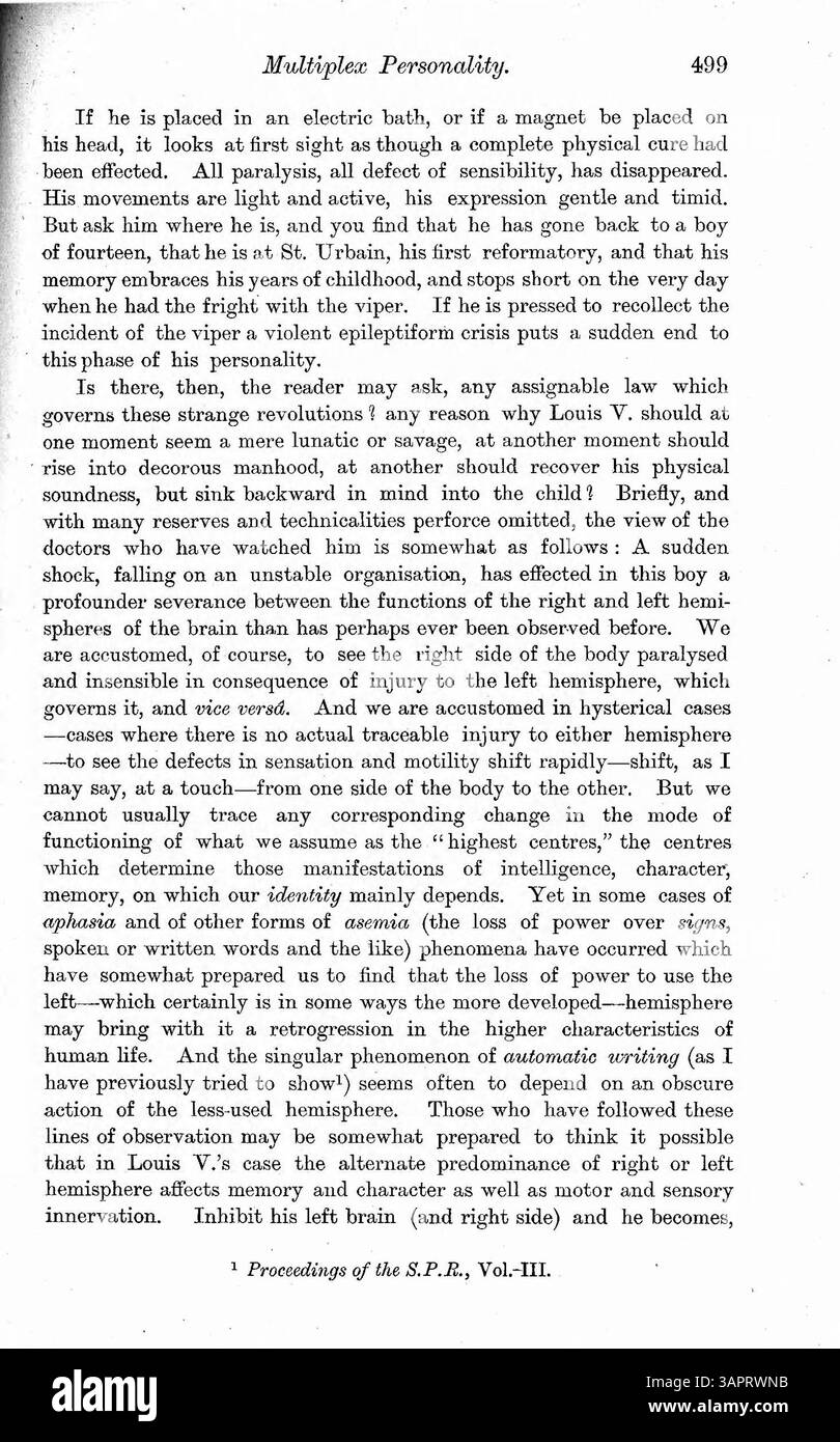 Il dottor Myers descrive i casi di Luigi V., che è stato colpito dalla doppia personalità dopo un intenso spavento, e Felidia X., che ha alternato personalità sotto ipnosi. Il documento confronta questi casi in termini di biologia contro moralità. Foto Stock