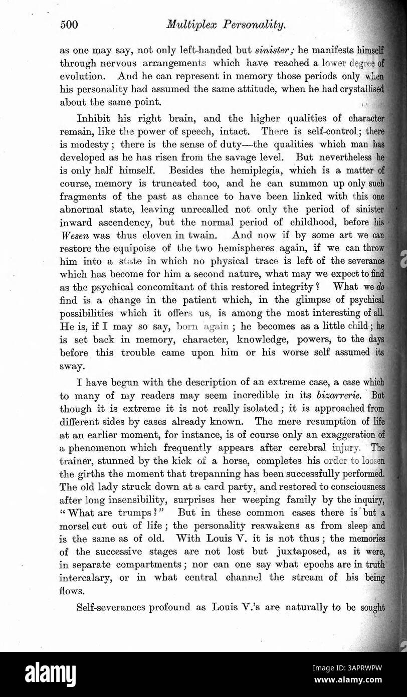 Questo case study, presentato dal Dr. Myers, copre Louis V., che ha sperimentato la doppia personalità dopo un incidente traumatico, e Felidia X., che ha manifestato una seconda personalità in uno stato ipnotico. Il confronto enfatizza gli aspetti biologici e morali della condizione. Foto Stock