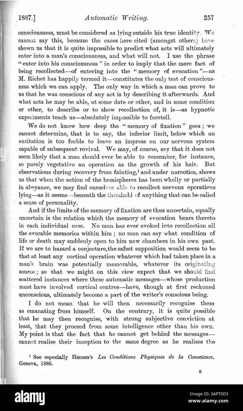 In questo caso, il Dr. Myers esamina più casi di personalità alterate derivanti da sogni, uso di droghe, disturbi fisici, epilessia o ipnotismo. La discussione include la scrittura automatica e il suo rapporto con il sé cosciente e incosciente. Foto Stock