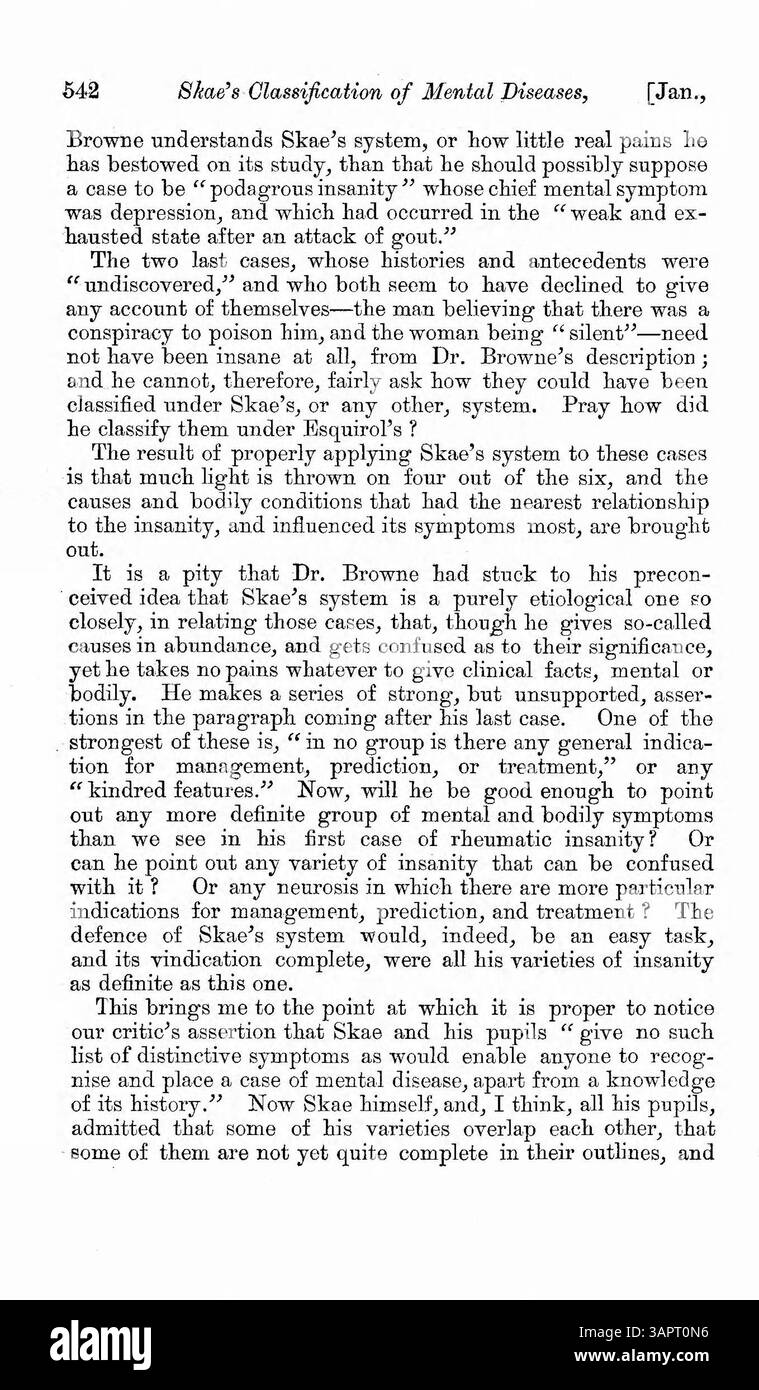 Questo articolo discute la classificazione del Dr. Skae delle malattie mentali e respinge le obiezioni del Dr. Browne alla sua metodologia. Il Dr. Skae sostiene che i sintomi sono distinti dalle malattie e non dovrebbero essere trattati come tali, mentre il Dr. Browne sostiene la classificazione basata sui sintomi. Foto Stock