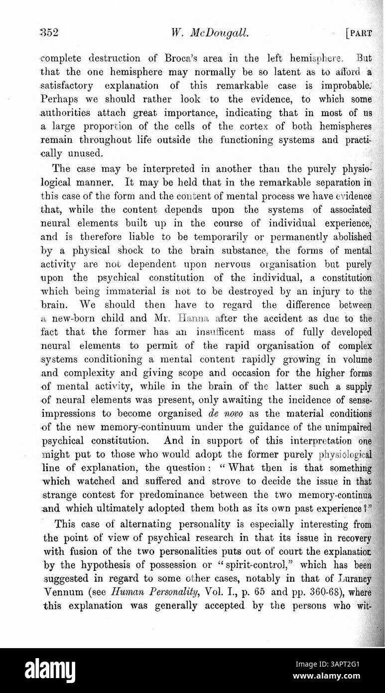 Il libro di Sidis sulla personalità multipla discute il caso del signor Hanna, che ha perso la memoria dopo un incidente e in seguito l'ha recuperato. Sidis attribuisce questo alla dissociazione psicofisiologica. McDougall recensisce il libro, esprimendo dubbi sul ruolo del trattamento nella guarigione di Hanna e offrendo una prospettiva diversa. Foto Stock