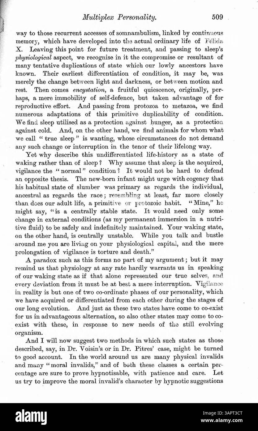 Il documento "Multiplex Personality" tratta due casi analizzati dal Dr. Myers. Il primo è Louis V., che ha sperimentato epilessia, isteria e paralisi dopo uno spavento. La sua memoria a volte ricadde, e oscillava tra due personalità, ognuna controllata da lati diversi del suo cervello. Il secondo caso è Felidia X., che funzionava con due personalità, facilitata da trance ipnotiche. Il dottor Myers confronta i casi attraverso una lente morale contro biologica. Foto Stock