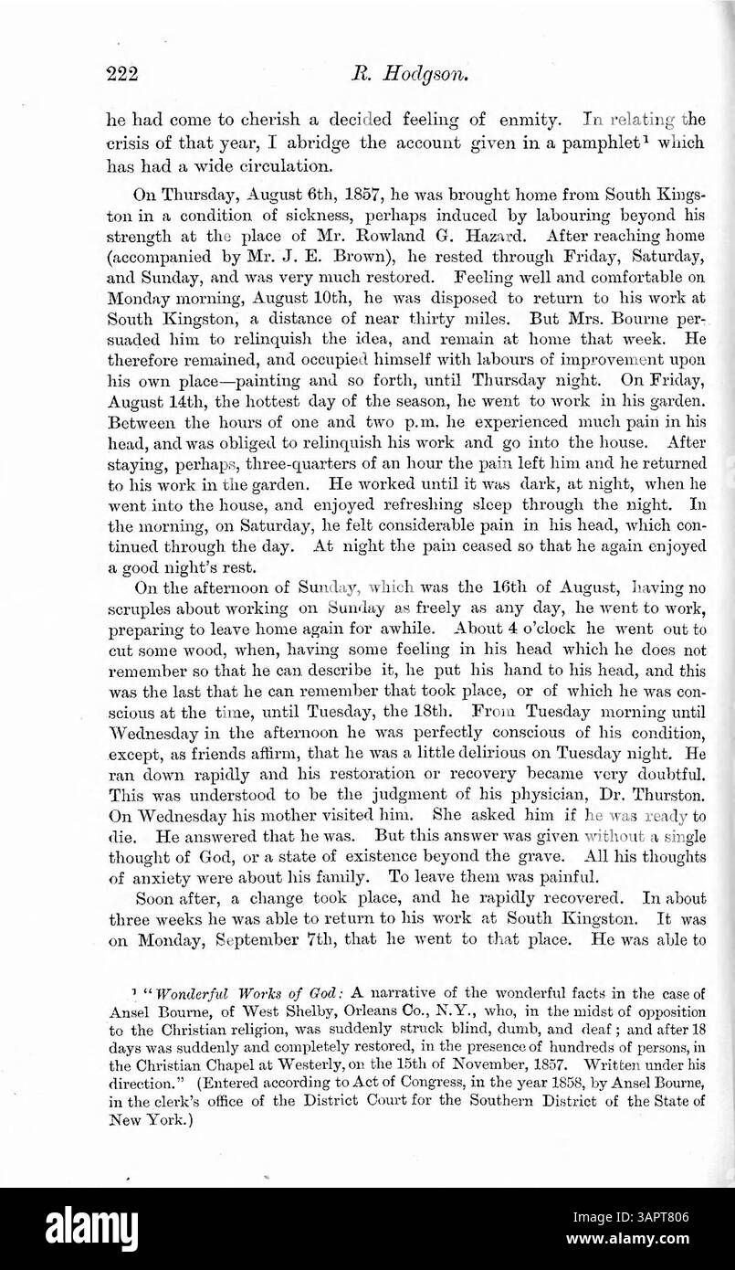 Questo articolo parla del caso del 1887 di Ansel Bourne, un predicatore di 61 anni del Rhode Island, che ha sperimentato la "doppia coscienza". L'articolo suggerisce che questa condizione fosse il risultato della perdita di memoria post-epilettica ed esplora la sua identità secondaria, A.J. Brown. L'articolo include resoconti del comportamento di Bourne e delle disfunzioni cognitive e fa riferimento alla depressione infantile e a possibili abusi. L'ipnosi e le terapie suggestive sono suggerite come potenziali cure. Foto Stock