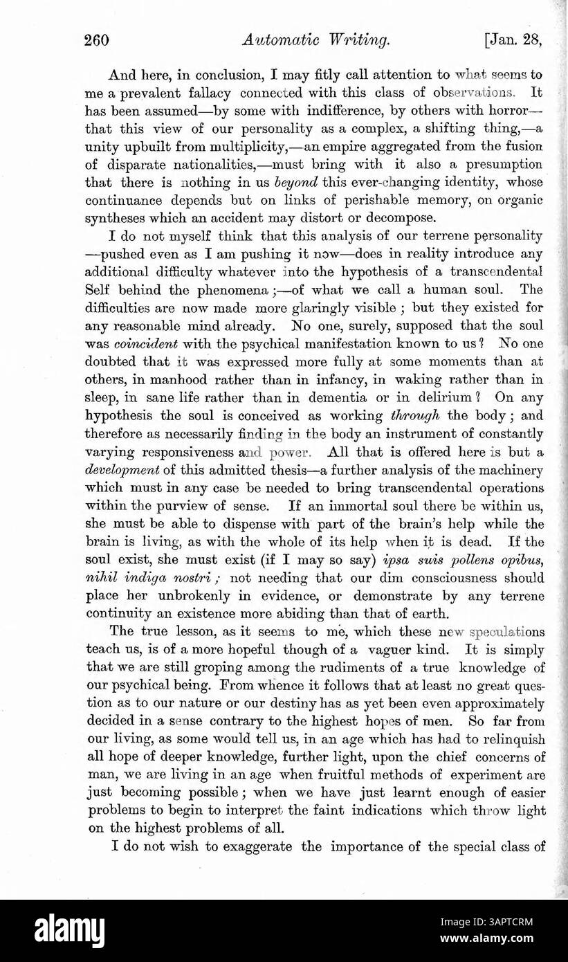 In questa recensione, il Dr. Myers discute delle personalità alterate causate da sogni, uso di droghe, disturbi fisici, epilessia e ipnotismo. Esamina la connessione della scrittura automatica con il sé cosciente e incosciente. Foto Stock