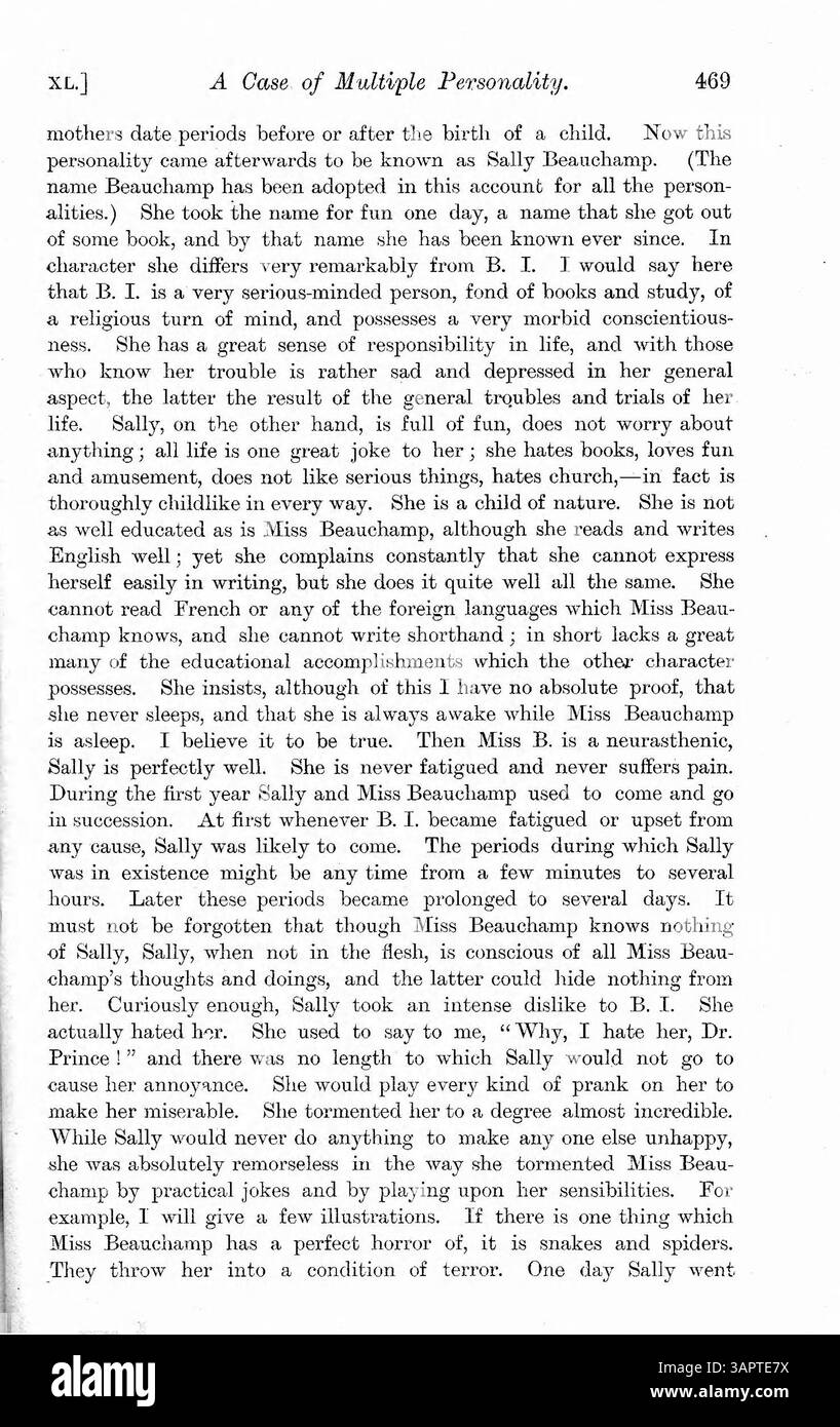 Nello studio della dottoressa Prince sul caso di Miss Beauchamp, la sua seconda personalità Sally e l'emergere di una terza personalità vengono analizzate in profondità, evidenziando la natura complessa di personalità multiple. Foto Stock