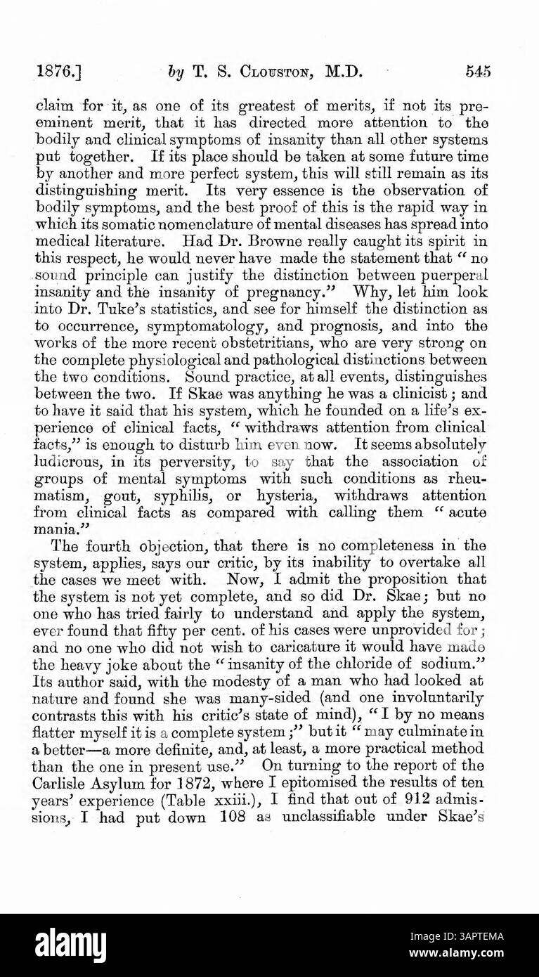 L'articolo esamina le obiezioni del Dr. Browne alla classificazione del Dr. Skae delle malattie mentali. Il Dr. Browne classifica i sintomi, mentre il Dr. Skae separa i sintomi dalle malattie. L'articolo affronta le critiche del Dr. Browne e confronta i metodi diagnostici prima di concludere sul sistema di classificazione preferito. Foto Stock