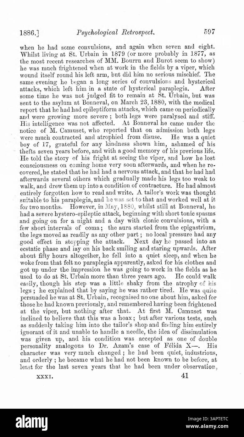 Il dottor Myers esamina il caso di Louis V., la cui seconda personalità è emersa dopo un'esperienza traumatica. Nel corso del tempo, ha sviluppato personalità aggiuntive, alcune soffrono di epilessia o paralisi. Il caso viene confrontato con quello di Felida X, con un grafico che illustra le differenze tra le personalità. Foto Stock