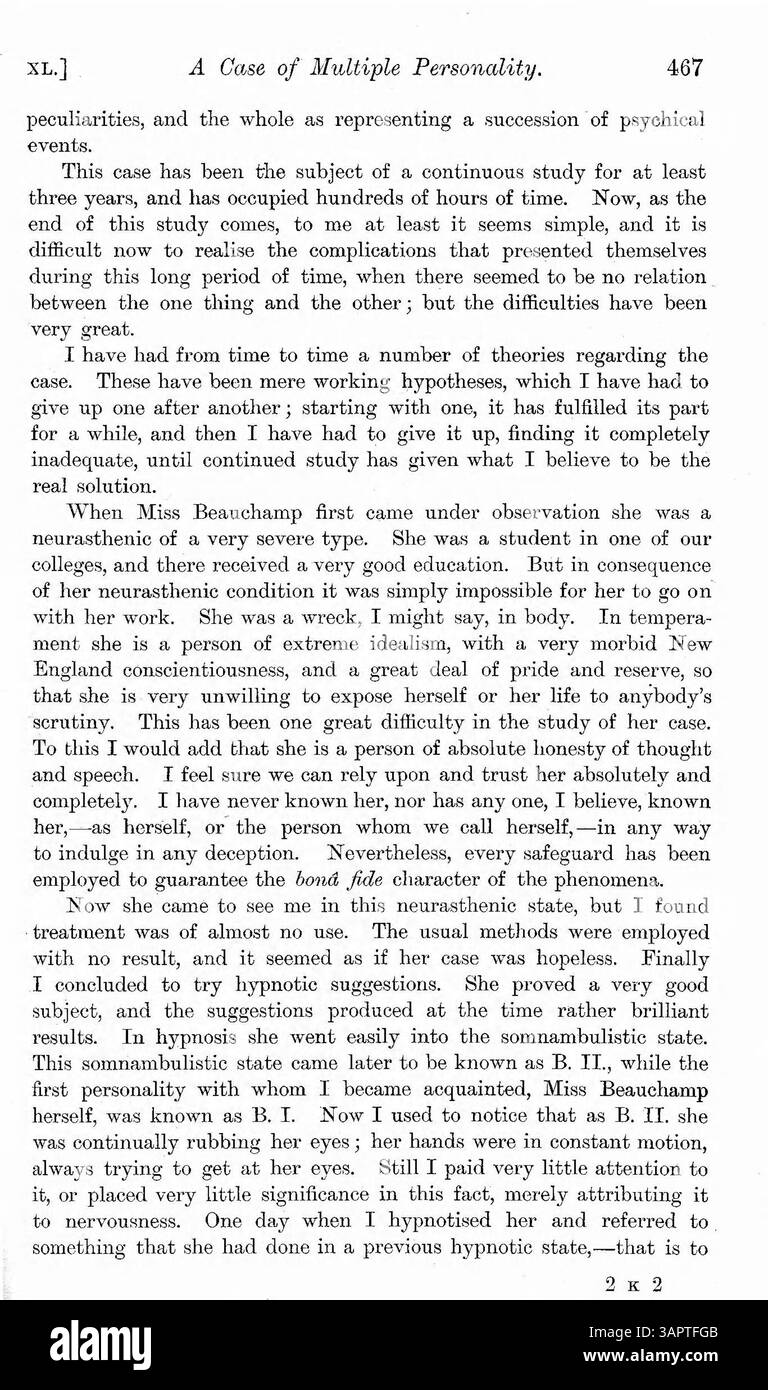 Il dottor Prince discute il caso della signorina Beauchamp di personalità multiple. La sua seconda personalità, Sally, ha creato sfide, tra cui guidare Miss Beauchamp fuori strada. Una terza personalità emerse nel 1899, cambiando la comprensione della sua identità. Foto Stock