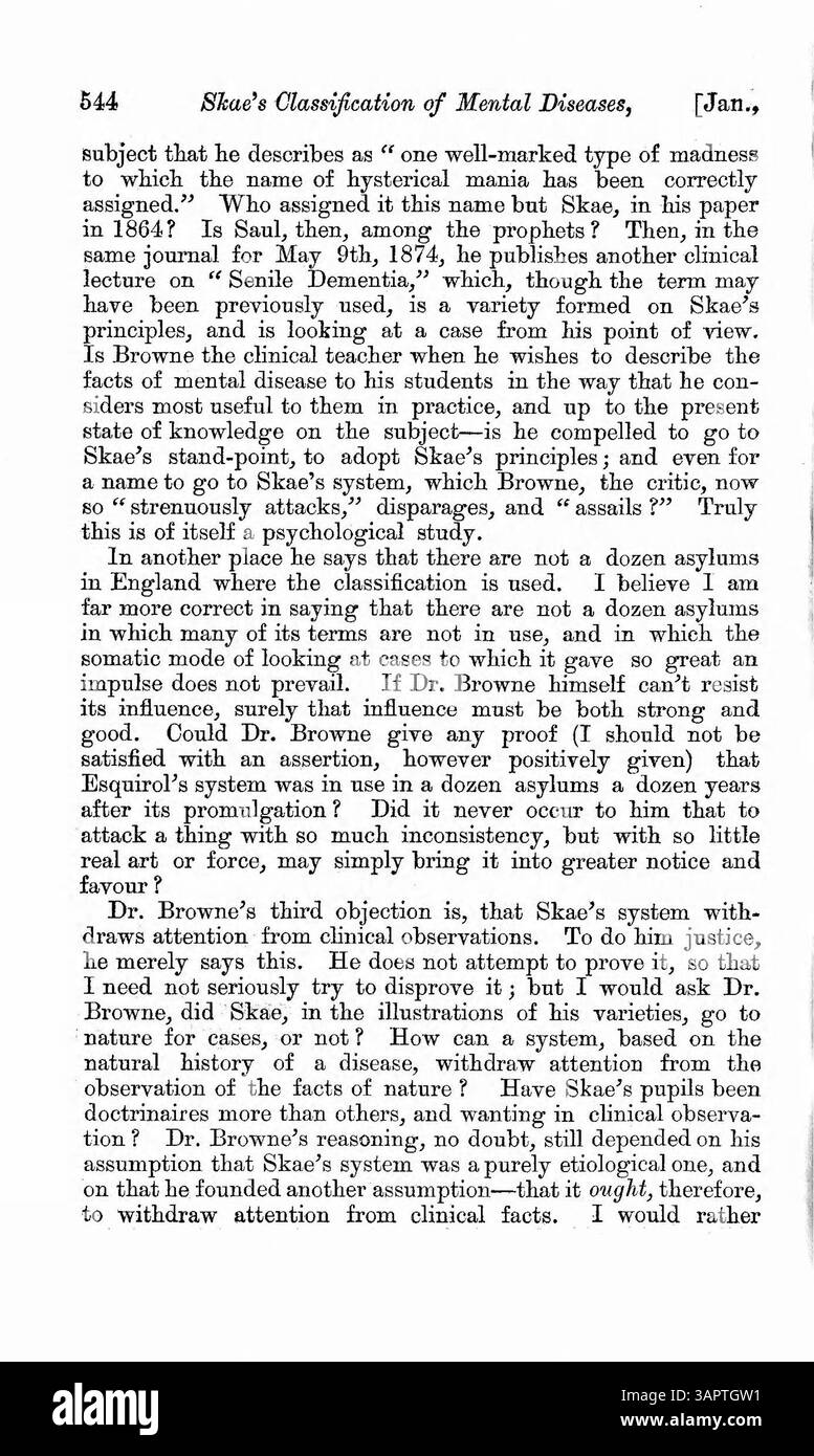Questo articolo critica le obiezioni del Dr. Browne al sistema di classificazione della malattia mentale del Dr. Skae. Il Dr. Browne sostiene la classificazione dei sintomi, mentre il Dr. Skae sostiene che i sintomi non dovrebbero essere trattati come malattie. L'articolo respinge le critiche del dottor Browne, analizzando ogni argomento per una diagnosi corretta e concludendo con un metodo preferito di classificazione. Foto Stock