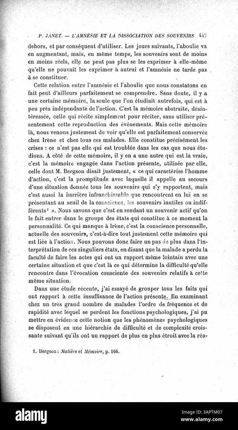 In "l'Amnesie et la dissociation des souvenirs par l'emozione" P. Janet esamina come gli stati emotivi influenzano la ritenzione e il richiamo della memoria, discutendo sia i meccanismi psicologici che neurologici che contribuiscono alla dissociazione della memoria. Questo lavoro fa parte della collezione della University of Oregon Libraries. Foto Stock