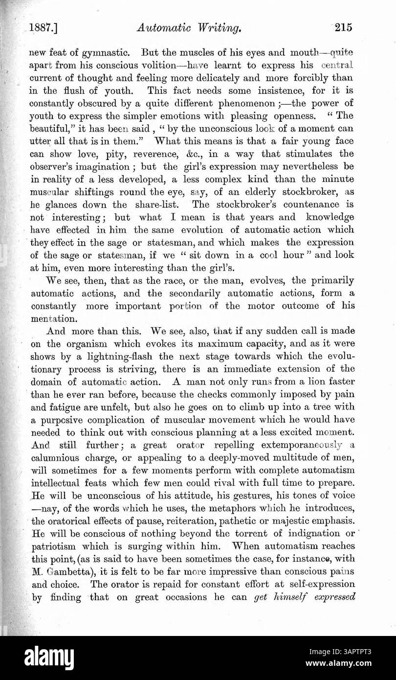 Il dottor Myers discute di casi di personalità alterate innescate da sogni, uso di droghe, disturbi fisici, epilessia e ipnotismo. L'attenzione è posta sulla scrittura automatica e sulla sua connessione con la mente cosciente e inconscia. Foto Stock