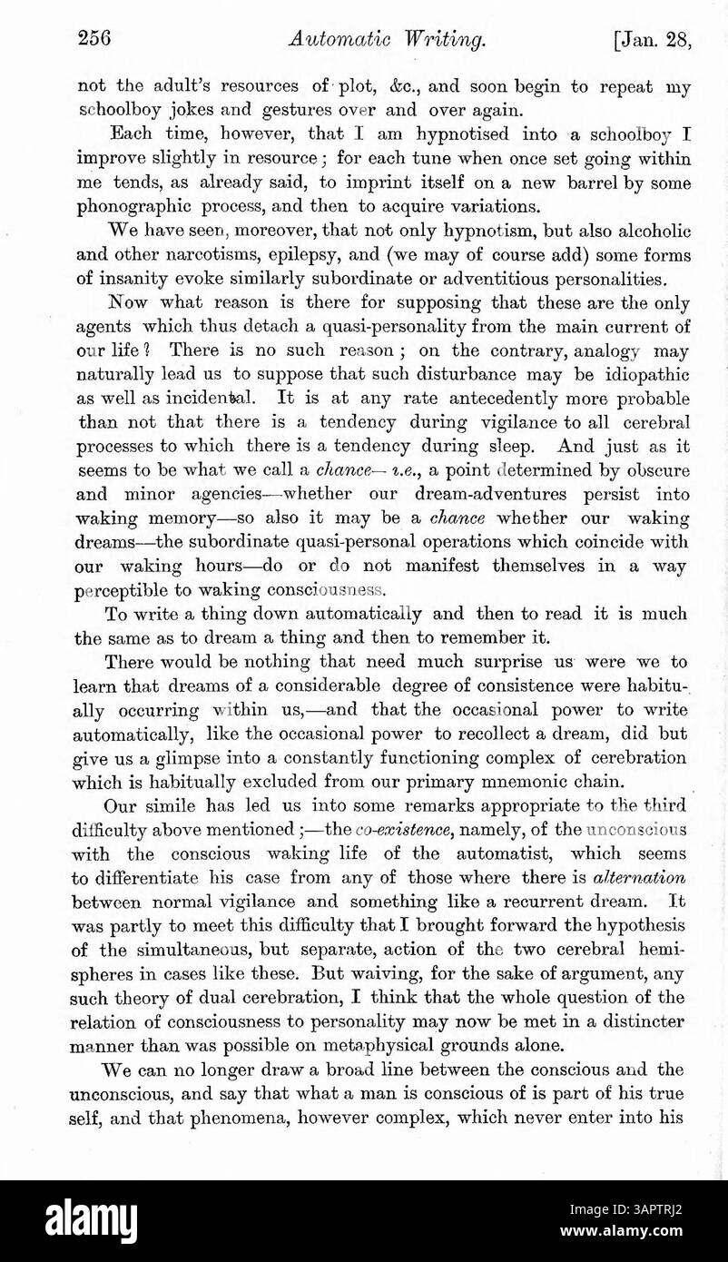 Il dottor Myers discute dei casi in cui personalità alterate sono state indotte da sogni, uso di droghe, disturbi fisici, epilessia e ipnotismo. La recensione sottolinea il ruolo della scrittura automatica e la sua connessione con il sé cosciente e incosciente. Foto Stock