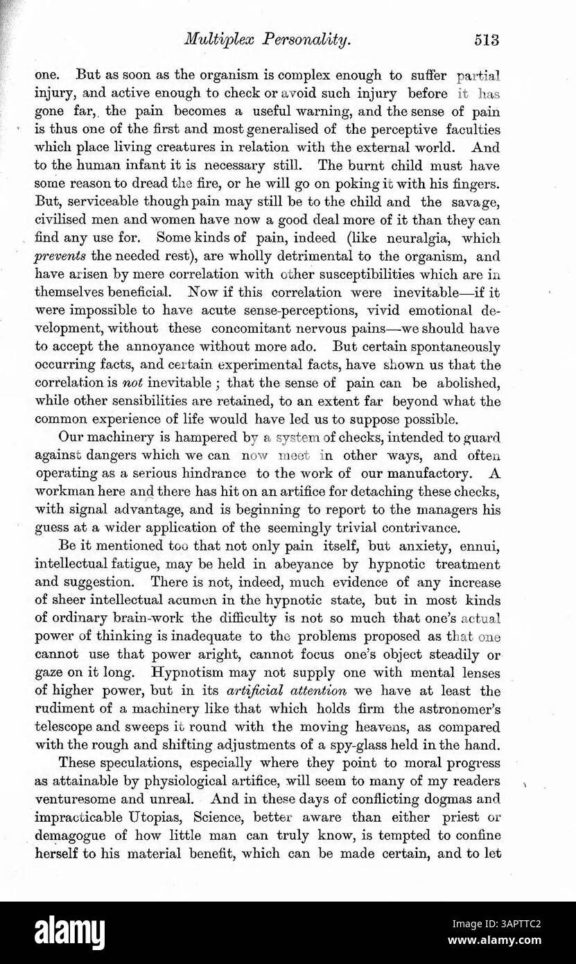 Il documento esplora l'analisi del Dr. Myers di Luigi V., un uomo la cui epilessia e paralisi sono aggravate passando da due personalità, e Felidia X., che ha sperimentato un fenomeno simile attraverso l'ipnosi. Il dottor Myers esamina i ruoli della biologia e della morale in questi casi di personalità multiplex. Foto Stock