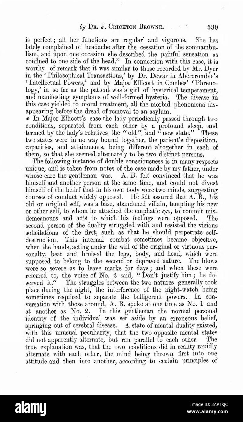 Il Dr. Browne esamina il concetto di identità personale, esaminando i casi di errori di identità che si verificano sia negli stati svegli che in quelli sognanti, e introduce l'idea della doppia coscienza. Egli suggerisce che questi stati rappresentano errori di identità e giustificano un ulteriore esame per una comprensione più profonda. Foto Stock