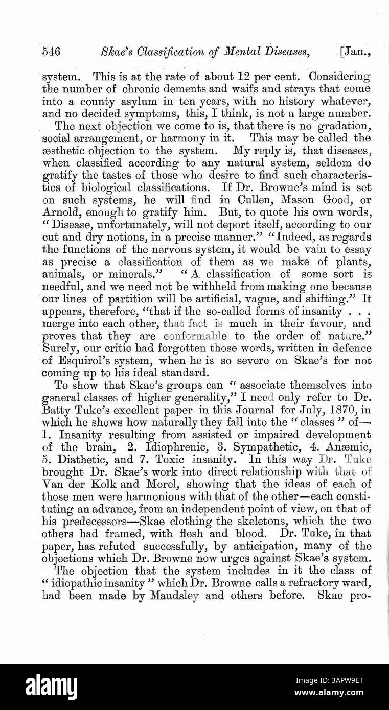 In questo articolo vengono esaminate le obiezioni sollevate dal Dr. Browne contro la terminologia del Dr. Skae per la classificazione delle malattie mentali. L'articolo sostiene la prospettiva del Dr. Skae secondo cui i sintomi non dovrebbero essere trattati come malattie, difendendo i metodi diagnostici utilizzati dal Dr. Skae. Foto Stock