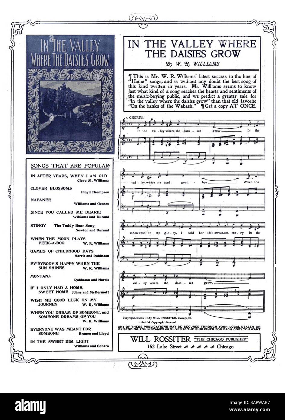 "Barn Dance" presenta la trascrizione della canzone "When the Moon Plays Peek a Boo" di W.R. Williams. Le pubblicità includono una promozione per la "Black and White Series" di Will Rossiter e brani musicali da "Twilight" di WM B. Fassbinder e "in the Valley Where the Daisies Grow" di W.R. Williams, che offrono approfondimenti sulle prime pratiche di pubblicazione musicale. Foto Stock