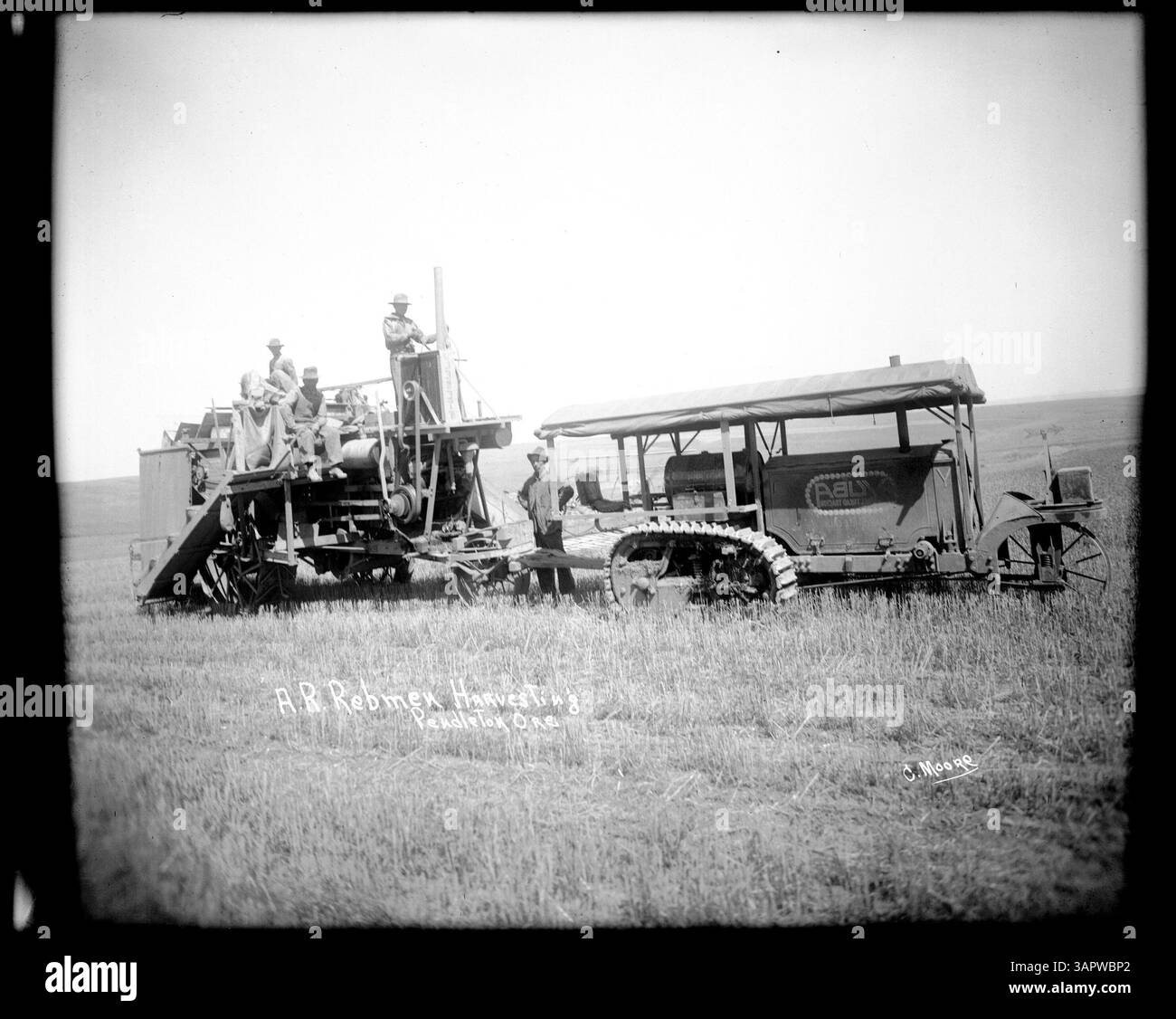 Una fotografia di Lee Moorhouse con A.R. Rebmen che raccoglie con una mietitrebbia, disegnata da un trattore a olio Yuba con battistrada a sfera, tipo caterpillar. L'immagine fa parte della collezione University of Oregon Libraries. Foto Stock