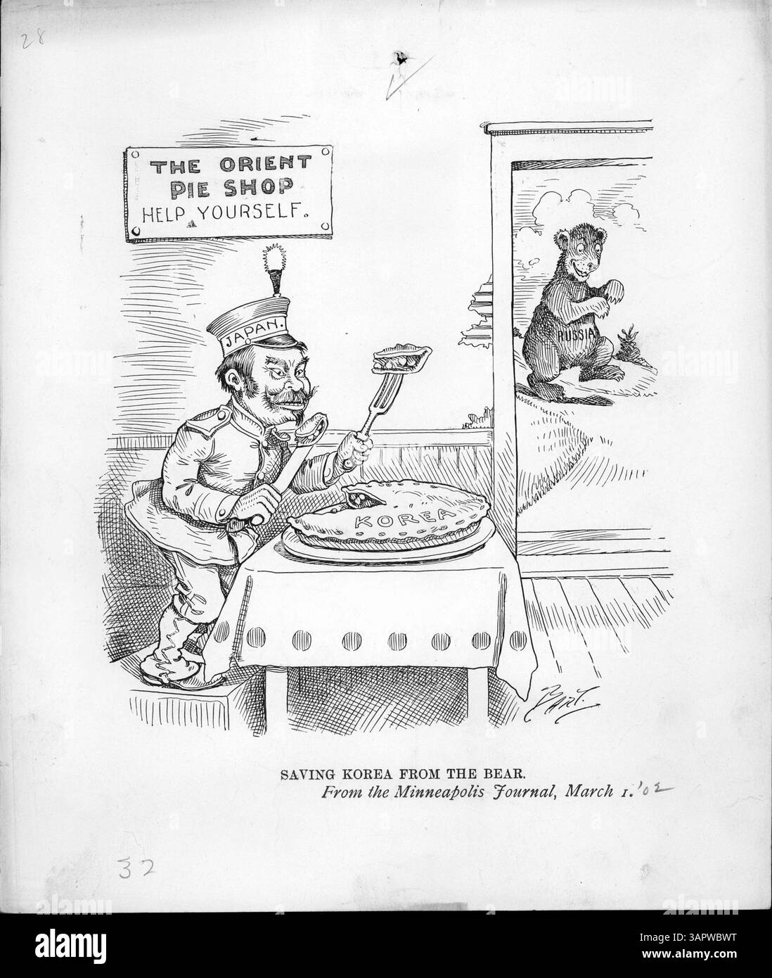 Questo poster propagandistico dell'era degli anni '1940 raffigura il Giappone come una figura che consuma una torta etichettata "Orient Pie Shop", mentre la Russia, simboleggiata da un orso, minaccia la Corea. L'immagine rappresenta la lotta geopolitica in Asia durante quel periodo, concentrandosi sull'aggressione del Giappone e sull'influenza della Russia. Foto Stock