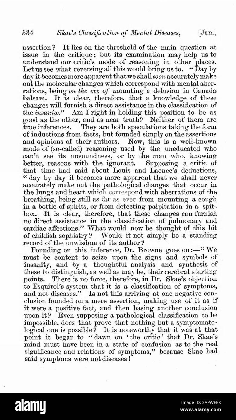 Questo articolo esplora le obiezioni del Dr. Browne alla terminologia del Dr. Skae per la classificazione delle malattie mentali. Il Dr. Browne sostiene la classificazione dei sintomi, mentre il Dr. Skae ritiene che i sintomi non debbano essere considerati malattie. L'articolo affronta e contesta le critiche del dottor Browne all'approccio del dottor Skae, valutando entrambi gli argomenti per la diagnosi per concludere quale metodo di classificazione è più efficace. Foto Stock