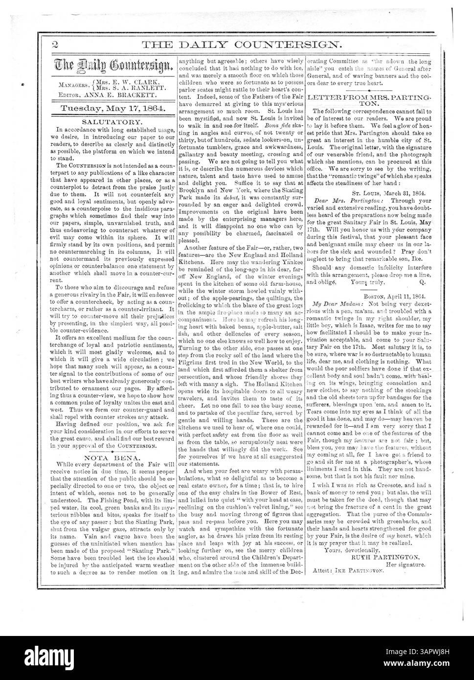 Una copia del volume 1, n. 1 del Daily Countersign, un periodico che ha trattato gli eventi relativi alla Mississippi Sanitary Fair. Edito da Anna C. Brackett e pubblicato dal Comitato Esecutivo delle signore, documenta le iniziative di sanità pubblica durante il XIX secolo. Foto Stock