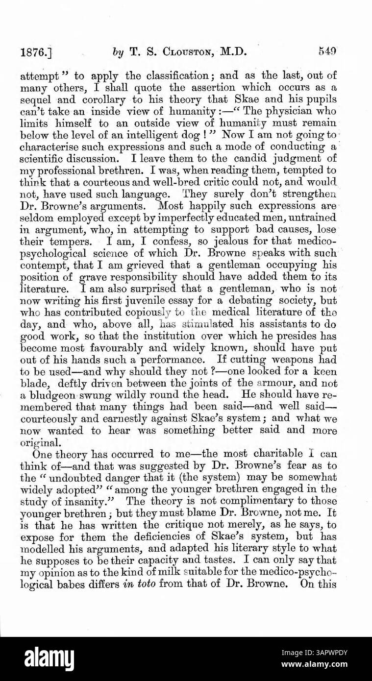 Questo articolo affronta le obiezioni del Dr. Browne alla classificazione del Dr. Skae delle malattie mentali, concentrandosi sul dibattito tra la classificazione dei sintomi o delle malattie. Il Dr. Skae difende il suo sistema, sostenendo che i sintomi non dovrebbero essere trattati come malattie. Foto Stock