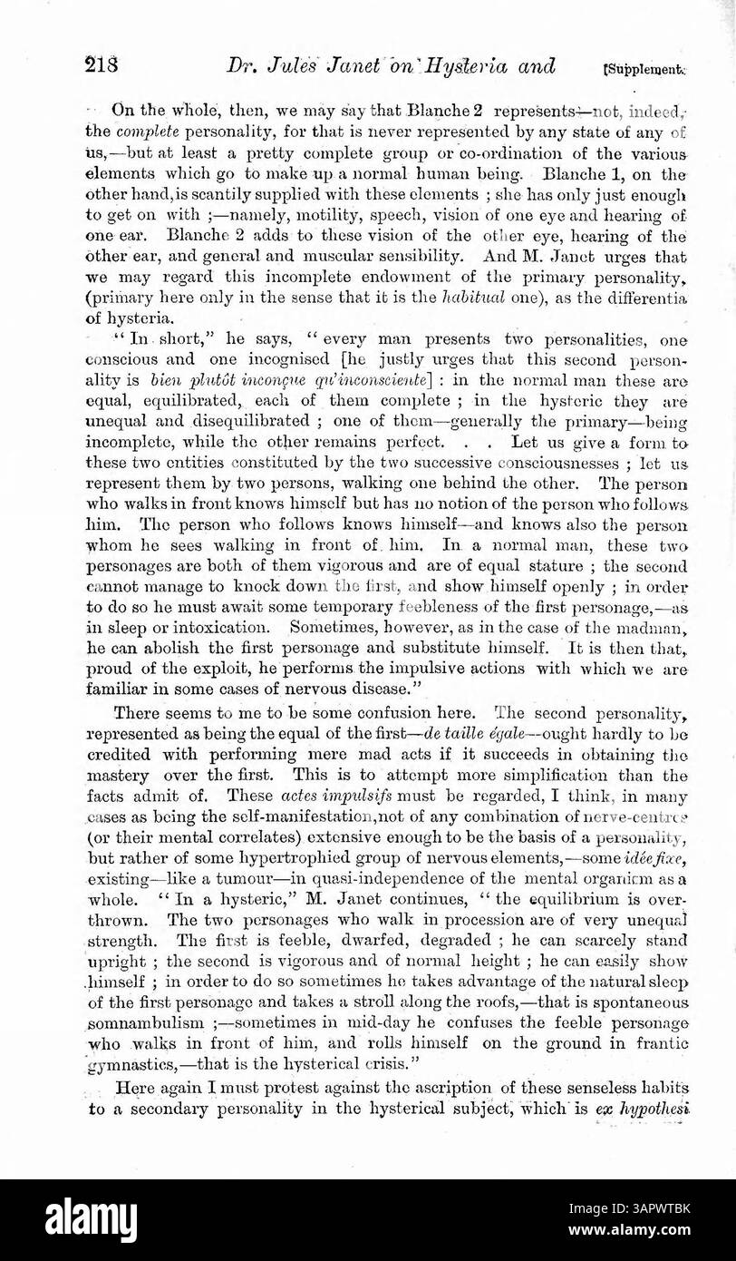 L'esame del dottor Jules Janet sul caso di personalità multipla di Blanche Witt, dove una personalità causava cecità in un occhio, e l'altra aveva una visione normale. L'ipnosi è stata usata nel tentativo di alleviare i sintomi, anche se non fornendo una cura permanente. Viene anche discusso il caso di Marceline R., che coinvolge un disturbo alimentare, con sollievo temporaneo attraverso l'ipnosi. Foto Stock