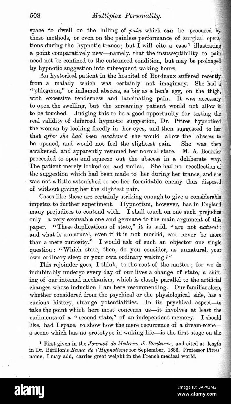 In questo documento, il Dr. Myers presenta due casi di personalità multiplex. Luigi V., affetto da epilessia e isteria dopo uno spavento, sperimentò una memoria recidivante e si alternò tra due personalità distinte. Il secondo caso è Felidia X., che potrebbe operare sotto due personalità con l'aiuto dell'ipnosi. Il dottor Myers esplora le implicazioni etiche delle influenze biologiche in questi casi. Foto Stock