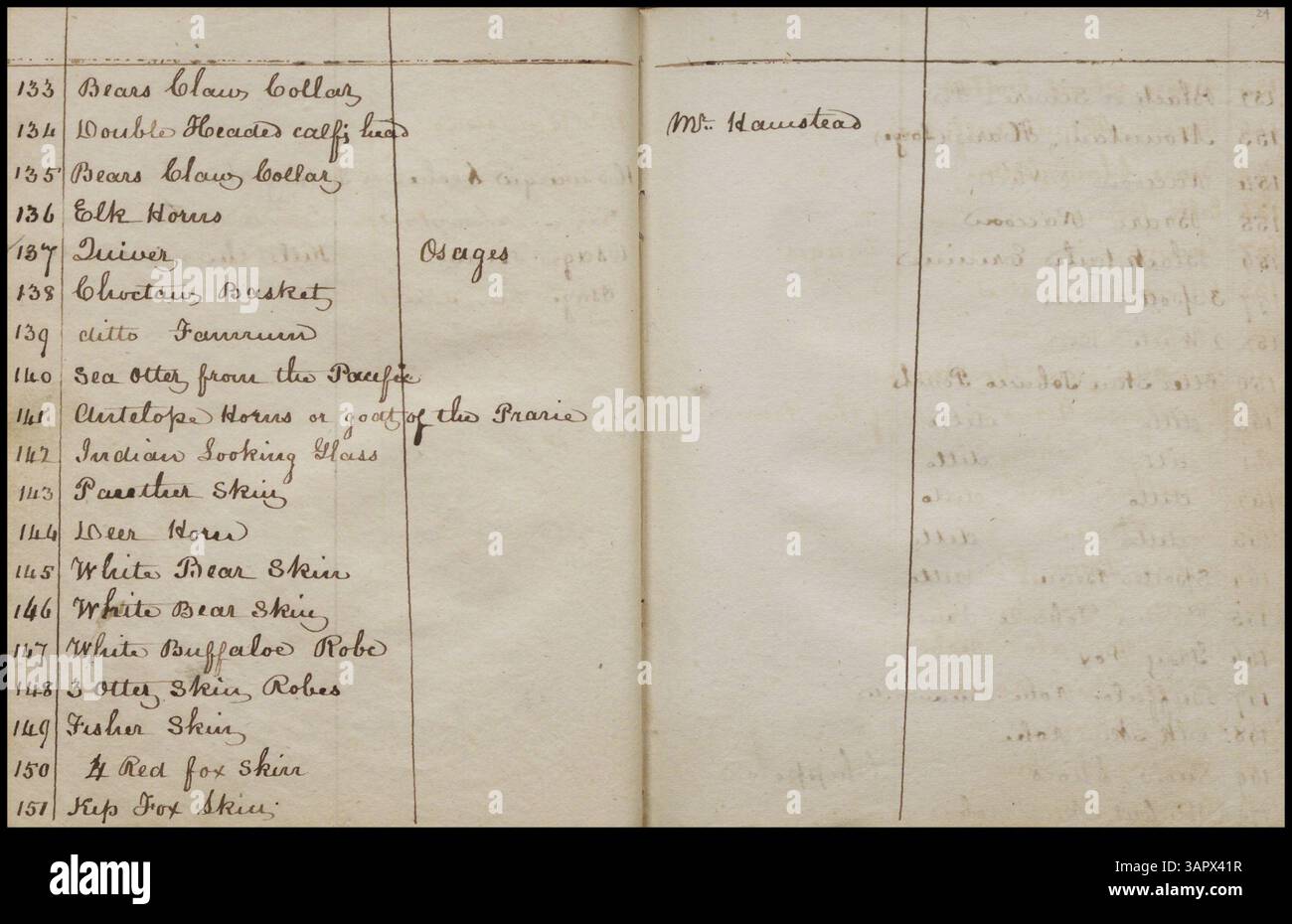 Catalogo dettagliato delle "curiosità indiane" nel Museo indiano di William Clark. Gli elementi in questo volume (26) sono numerati e descritti, e la trascrizione fa parte della Nesbitt Collection. Foto Stock