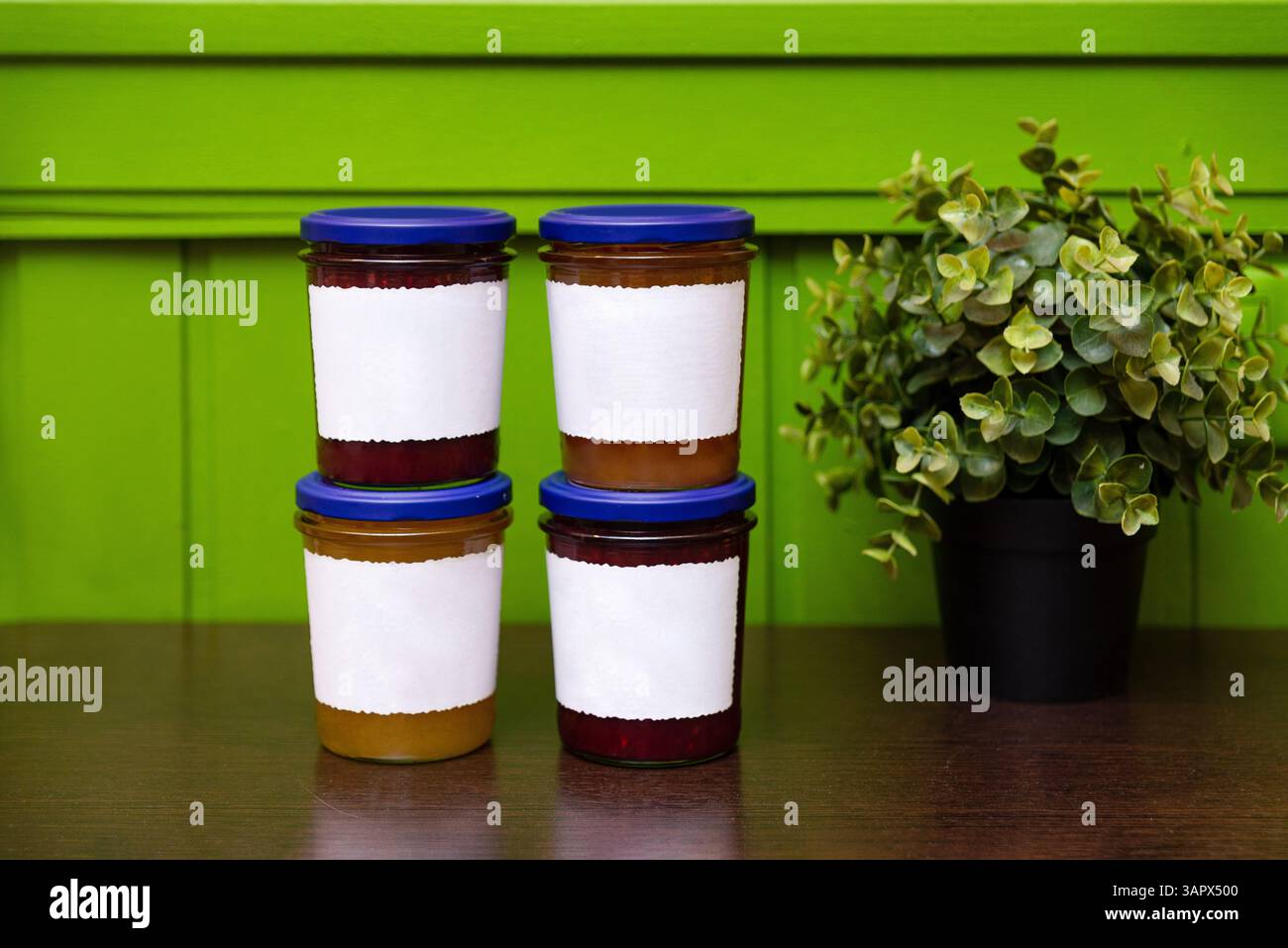 Quattro vasetti colorati con coperchi blu ed etichette bianche vuote, impilati ordinatamente accanto a una pianta in vaso verde su un tavolo di legno. Foto Stock