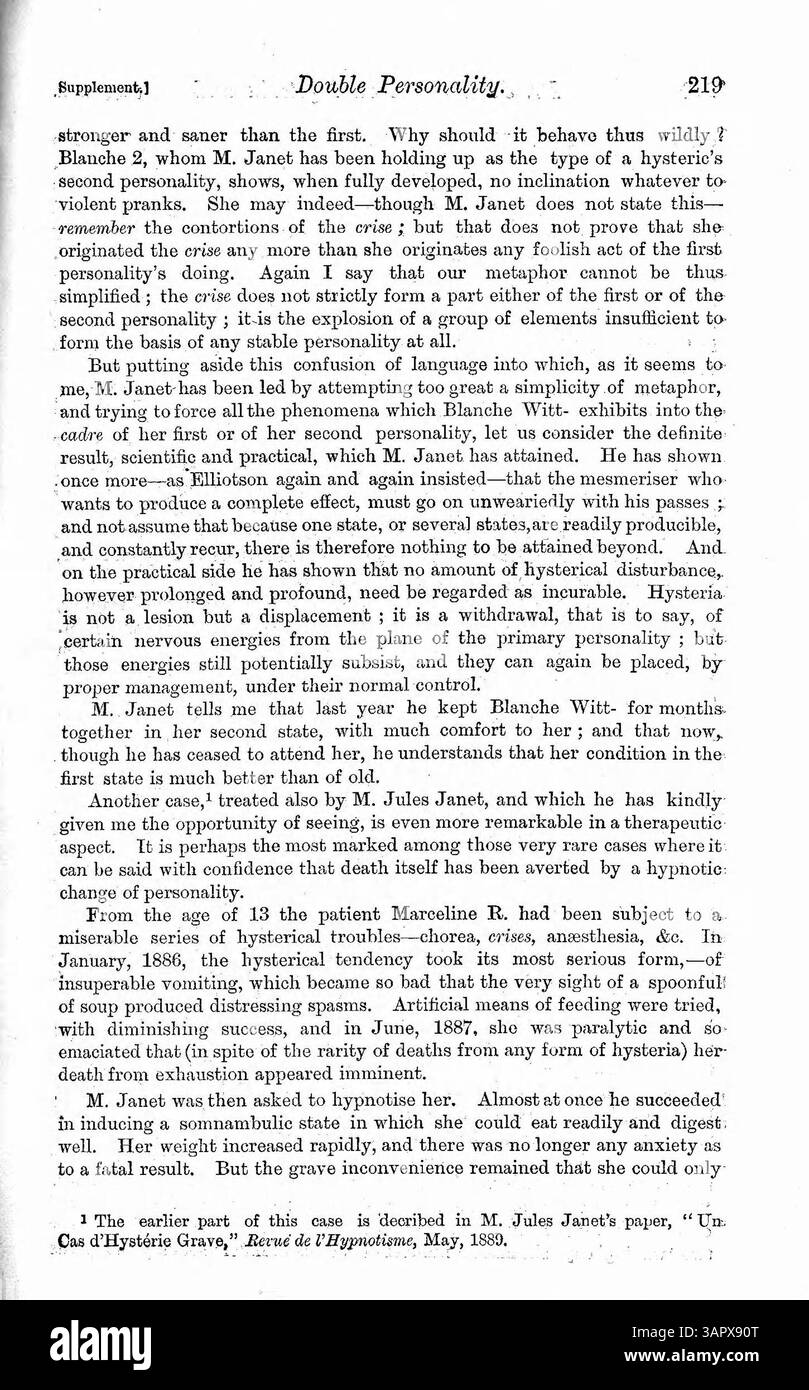 Nell'esame del caso di Blanche Witt da parte della dottoressa Jules Janet, l'ipnosi viene usata per trattare le sue personalità multiple, una delle quali provoca cecità in un occhio mentre l'altra ha una visione normale. Un altro caso, che coinvolge Marceline R. e il suo disturbo alimentare, viene discusso, con l'ipnosi che offre sollievo temporaneo. Foto Stock
