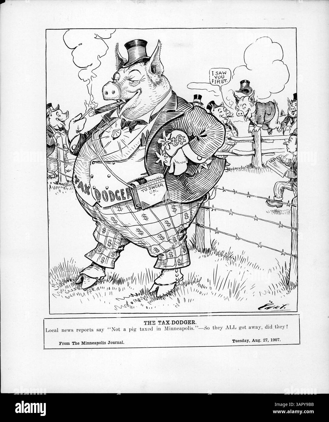 Il cartone animato "Tax Dodger" raffigura un maiale che accende pacificamente un sigaro dopo aver saltato la recinzione da un campo di Minneapolis, simboleggiando un evasore fiscale. Altri maiali seguono l'esempio, suggerendo umoriosamente che anche loro sono sfuggiti alla tassazione a Minneapolis. Foto Stock