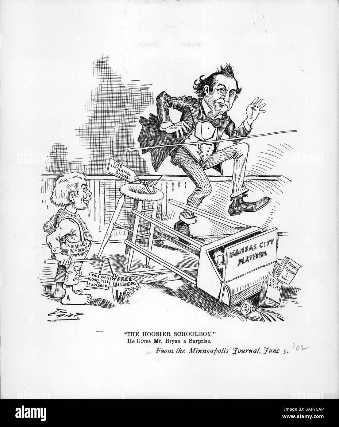Questa immagine raffigura la Convenzione Democratica dell'Indiana che scherza William Jennings Bryan posizionando la spilla Indiana Snub sulla sua sedia. La convention prevedeva anche un palloncino con il messaggio "Free Silver", con una nota che diceva "questo era buono fino all'esplosione". I democratici alla convention si rifiutarono di appoggiare la piattaforma di Bryan o addirittura di menzionarlo ufficialmente. Foto Stock