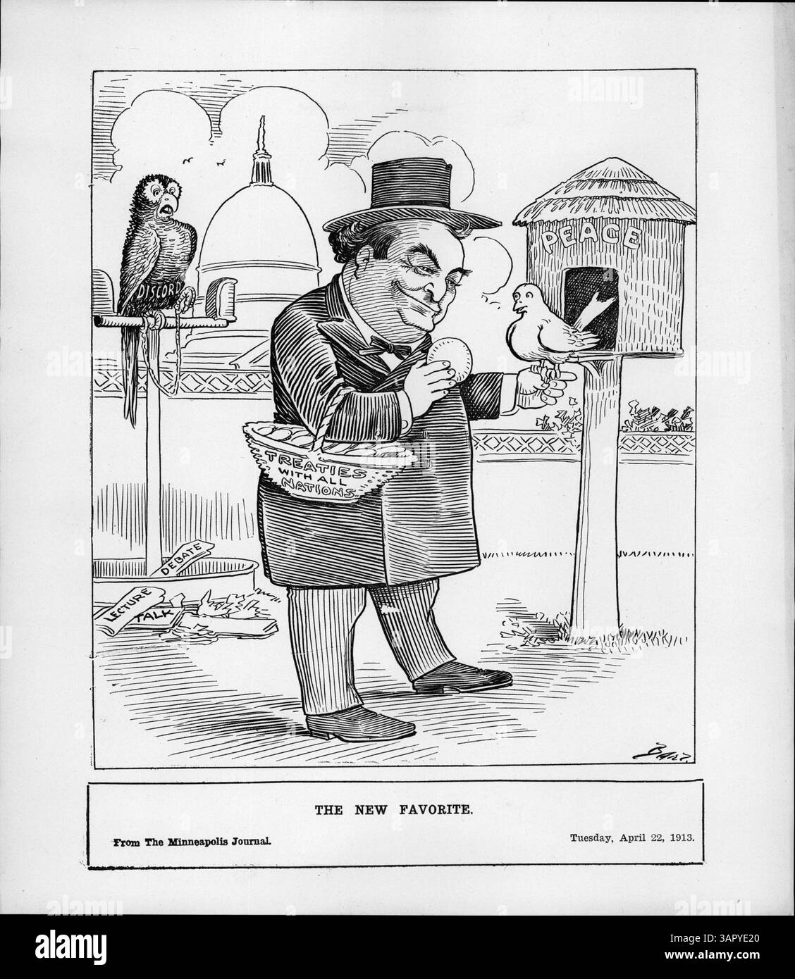 In "The New Favorite", William Jennings Bryan offre la colomba della Pace un cracker del cestino dei trattati, mentre il falco di Discord guarda da dietro. Questa vignetta politica si riferisce agli sforzi di Bryan per la pace nel mondo attraverso trattati internazionali. Foto Stock